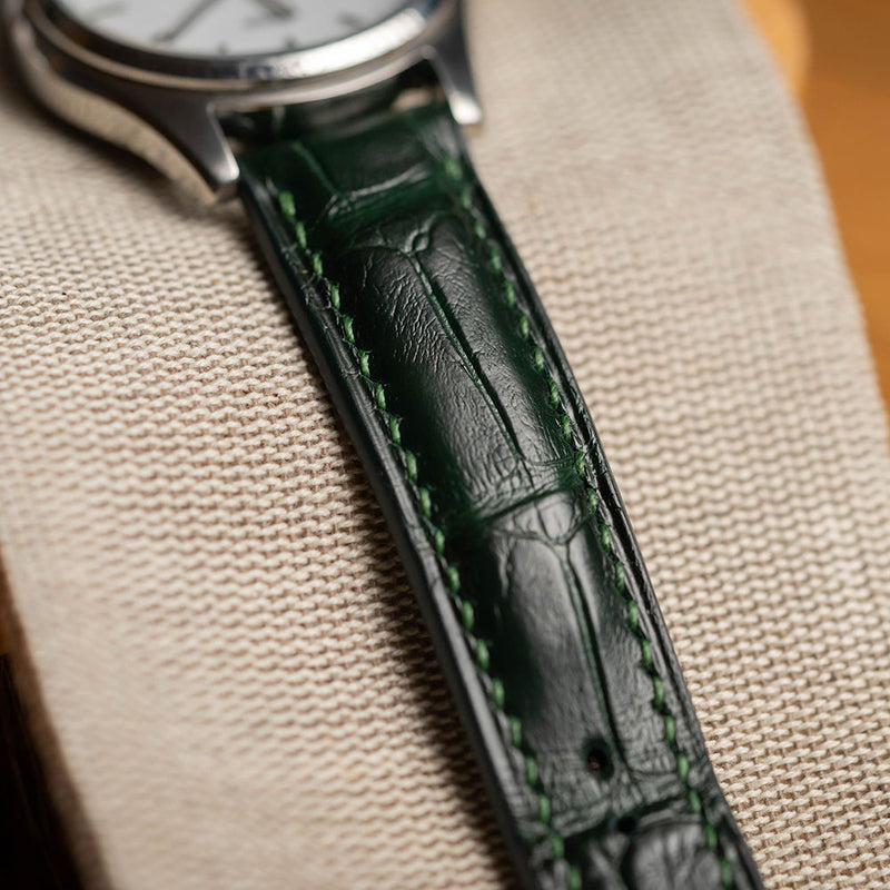 Handmade Hand-stitched Watch Strap in Hunter Green Crocodile